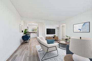 Los Angeles apartment for rent - A living room with a white couch and a black and white rug.
