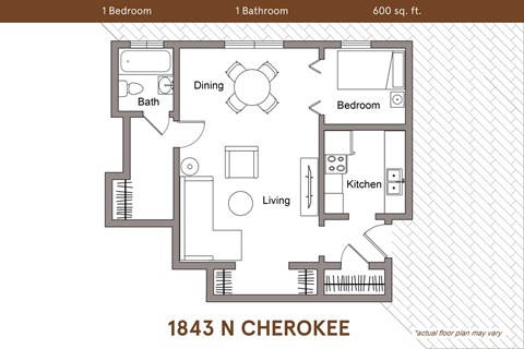 Floor plan for 1 bed, 1 bath, 900 sqft