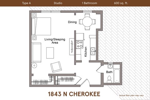 Floor plan for studio, 1 bath, 600 sqft