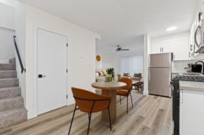 Santa Monica apartment for rent - A modern kitchen with a dining table and chairs.