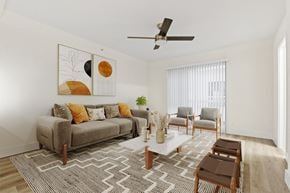 Santa Monica apartment for rent - A living room with a couch, chairs, and a rug.