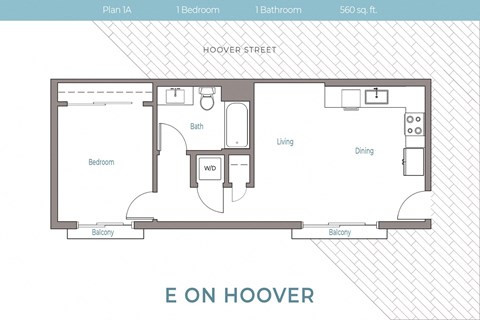 Floor plan for 1 bed, 1 bath, 560 sqft