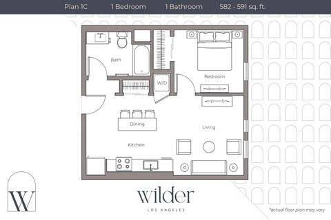 Floor plan for 1 bed, 1 bath, 582 sqft