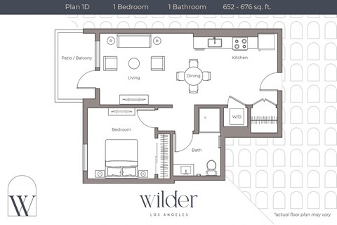 Floor plan for 1 bed, 1 bath, 676 sqft