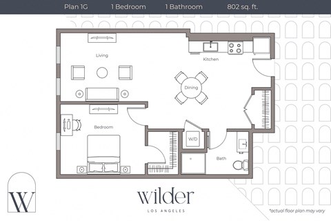Floor plan for 1 bed, 1 bath, 805 sqft