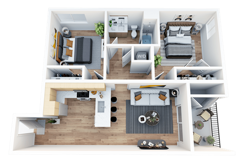 Floor plan for 2 beds, 1 bath, 843 sqft