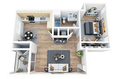 Floor plan for 1 bed, 1 bath, 590 sqft