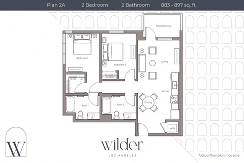 Floor plan for 2 beds, 2 baths, 895 sqft