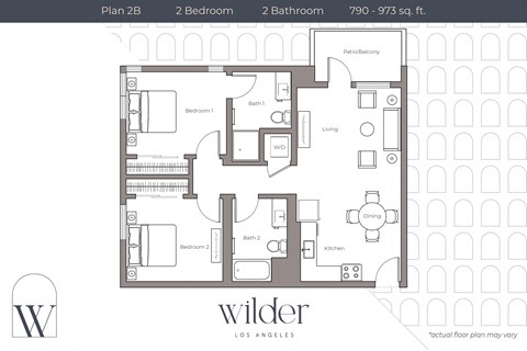 Floor plan for 2 beds, 2 baths, 886 sqft