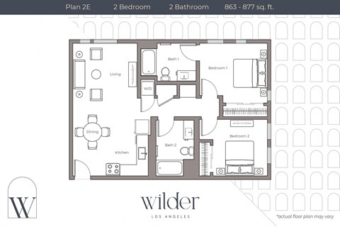 Floor plan for 2 beds, 2 baths, 863 sqft