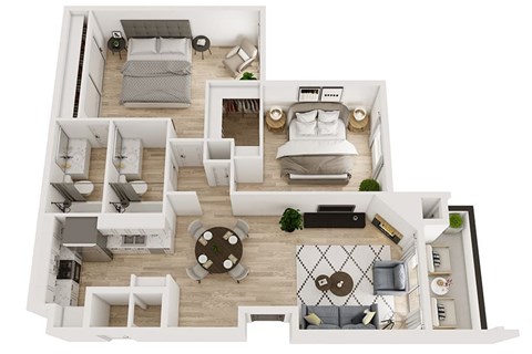 Floor plan for 2 beds, 2 baths, 955 sqft