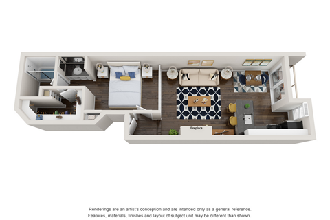 Floor plan for 1 bed, 1 bath, 630 sqft