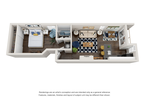 Floor plan for 1 bed, 1 bath, 640 sqft