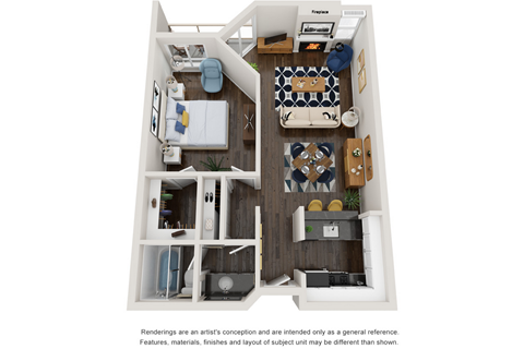 Floor plan for 1 bed, 1 bath, 735 sqft
