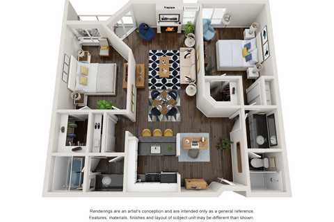 Floor plan for 2 beds, 2 baths, 1215 sqft