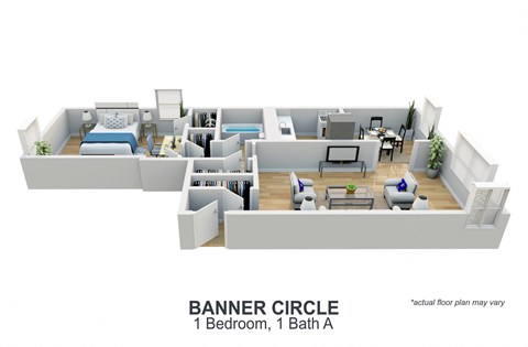 Floor plan for 1 bed, 1 bath, 650 sqft