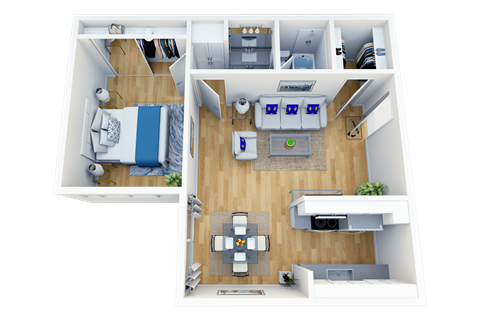 Floor plan for 1 bed, 1 bath, 634 sqft