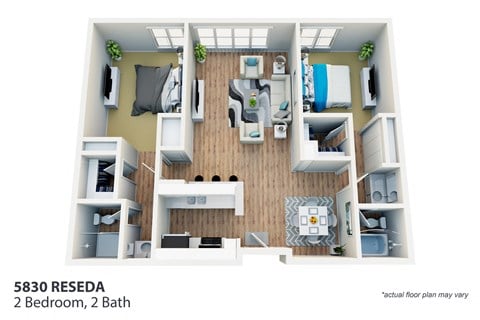 Floor plan for 2 beds, 2 baths, 800 sqft