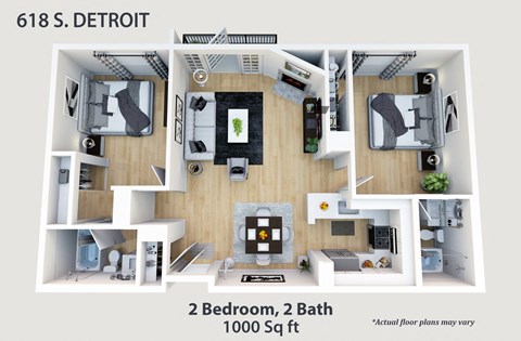 Floor plan for 2 beds, 2 baths, 1000 sqft