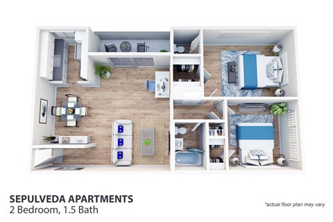 Floor plan for 2 beds, 2 baths, 1000 sqft