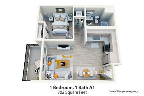 Floor plan for 1 bed, 1 bath, 702 sqft