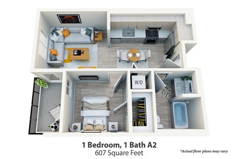 Floor plan for 1 bed, 1 bath, 607 sqft
