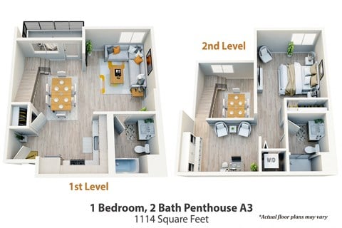 Floor plan for 1 bed, 2 baths, 1114 sqft