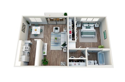 Floor plan for 1 bed, 1 bath, 750 sqft