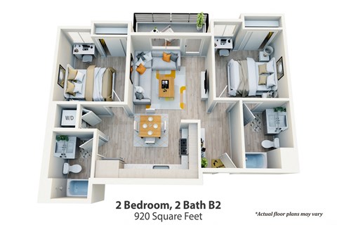 Floor plan for 2 beds, 2 baths, 920 sqft