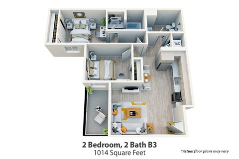 Floor plan for 2 beds, 2 baths, 1014 sqft