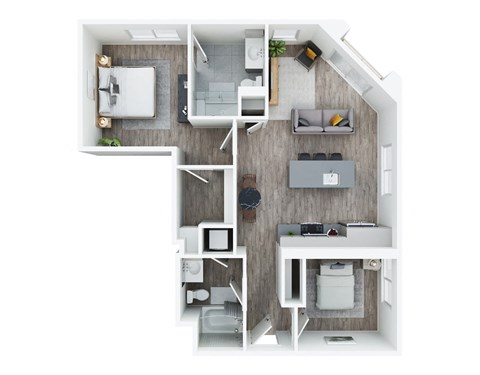 Floor plan for 2 beds, 2 baths, 973 sqft