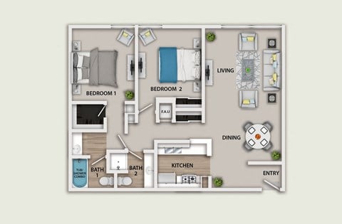 Floor plan for 2 beds, 2 baths, 906 sqft