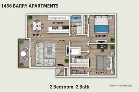 Floor plan for 2 beds, 2 baths