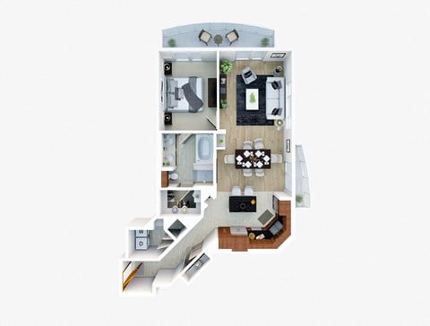 Floor plan for 1 bed, 1 bath, 1267 sqft