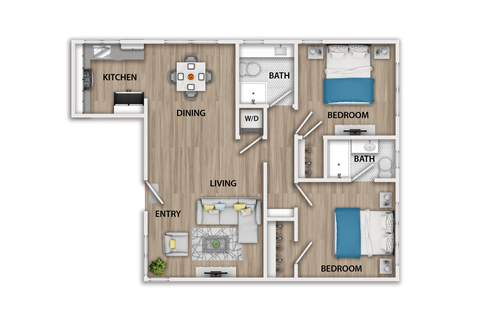 Floor plan for 2 beds, 2 baths, 1100 sqft