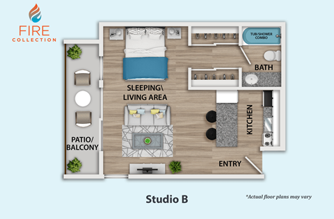 Floor plan for studio, 1 bath, 525 sqft