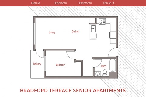Floor plan for 1 bed, 1 bath, 650 sqft