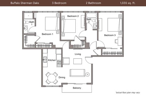 Floor plan for 3 beds, 2 baths, 1070 sqft