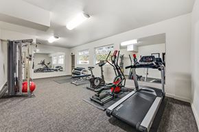 West Hollywood apartment for rent - A spacious home gym with a treadmill, exercise bike, and other equipment.