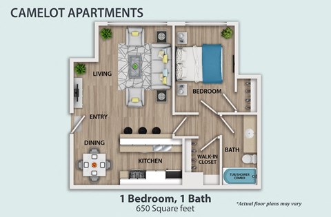 Floor plan for 1 bed, 1 bath, 650 sqft