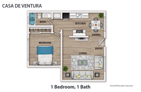 Floor plan for 1 bed, 1 bath, 650 sqft