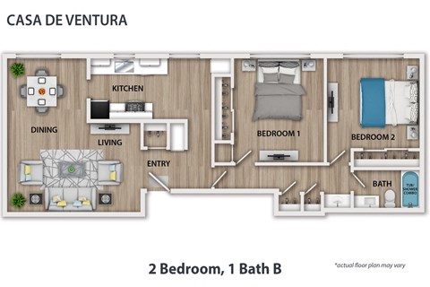 Floor plan for 2 beds, 1 bath, 995 sqft