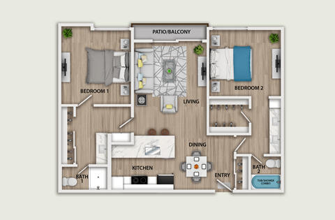 Floor plan for 2 beds, 2 baths, 1010 sqft