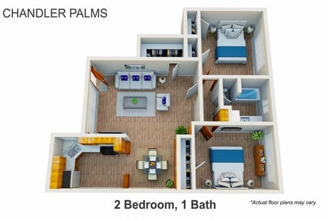 Floor plan for 2 beds, 1 bath, 950 sqft