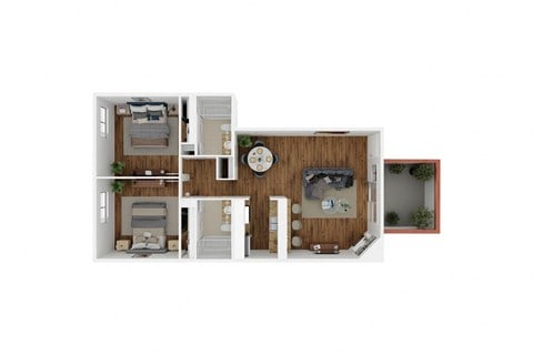 Floor plan for 2 beds, 2 baths, 1000 sqft