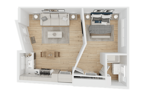 Floor plan for 1 bed, 1 bath, 600 sqft