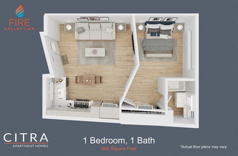 Floor plan for 1 bed, 1 bath, 600 sqft