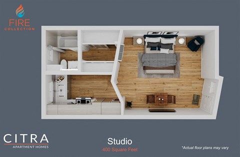 Floor plan for studio, 1 bath, 400 sqft