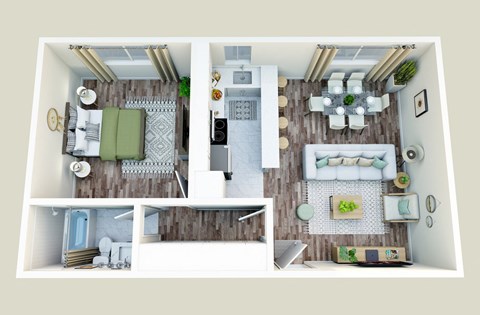 Floor plan for 1 bed, 1 bath, 730 sqft
