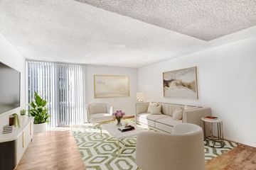 Sherman Oaks apartment for rent - A living room with a white couch and a green and white rug.